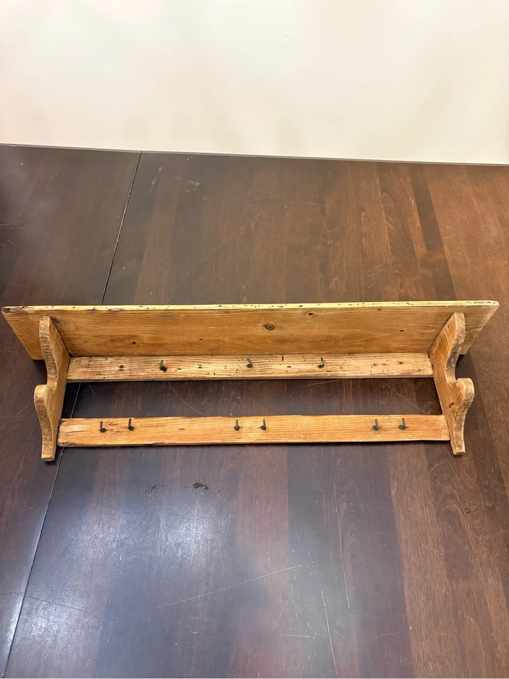 Rustic Wooden Wall Shelf with Hooks in Natural Wood